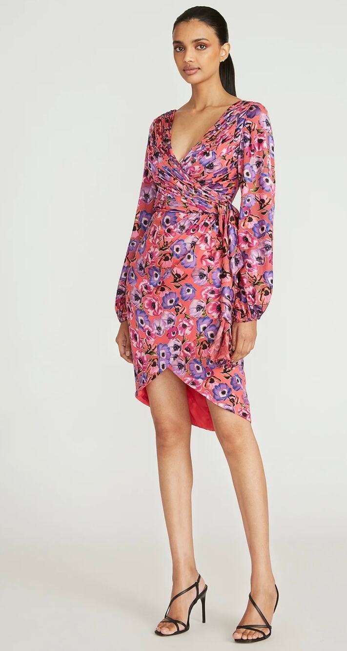 Theia Monika Pink Floral Cocktail Dress Mini Mid-Length Long Sleeve 6 Wedding